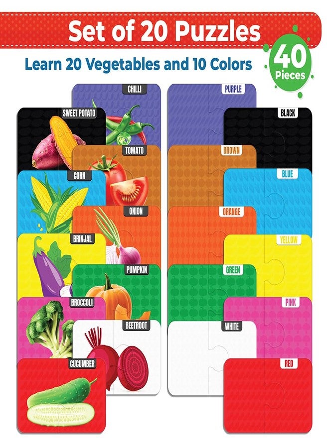 Funtad My Starter Jigsaw Puzzle - Vegetables & Colors| 2-Piece Puzzle for Kids Age 2,3,& 4 yrs| Montessori Educational Toy Set of 20 Puzzle, 40 Big Pieces| Return & Birthday Gift for Boys & Girls - Image 2